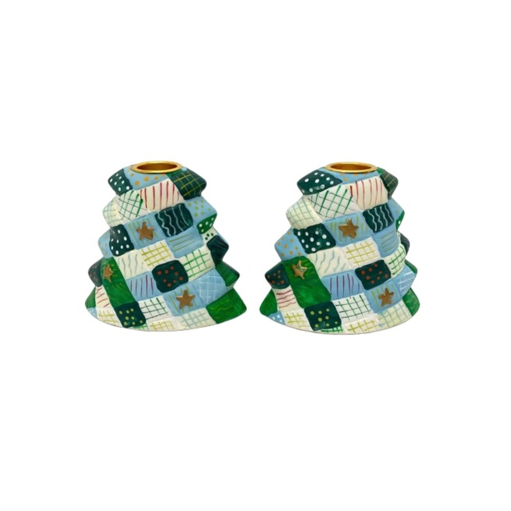 Vintage Scott’s Hand Painted Quilted Christmas Tree Ceramic Candle Stick Holders